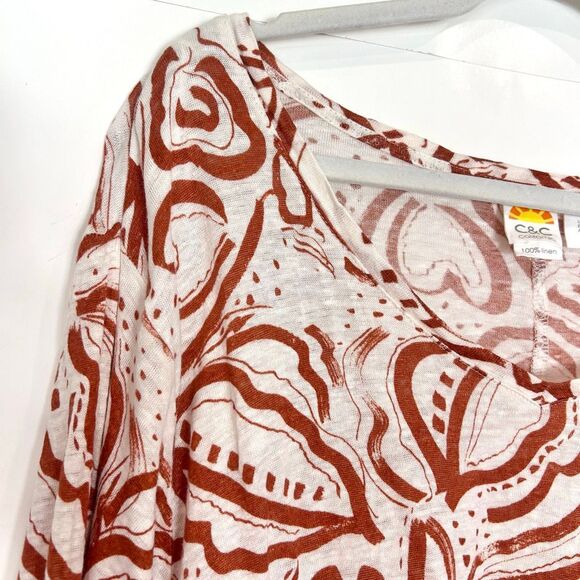 C&C California Blouse Top Womens 3X Brown White Linen 3/4 Sleeve V-Neck Coastal - Picture 7 of 12